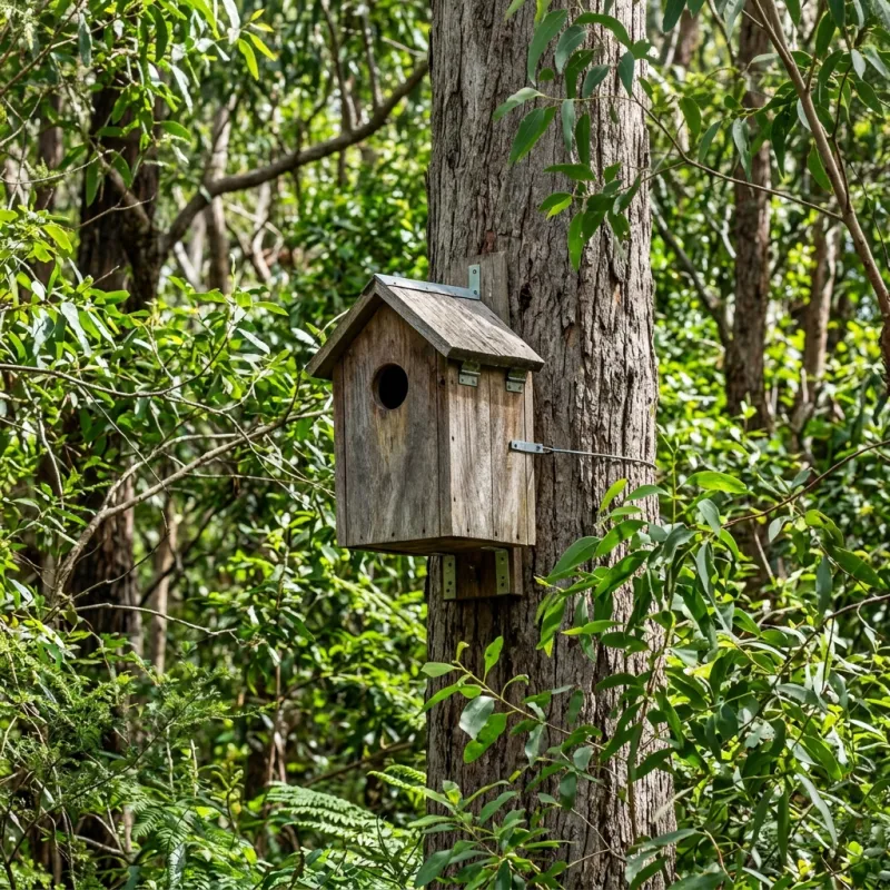 Animal nesting box installed as a humane alternative to a Merrimu roof cavity