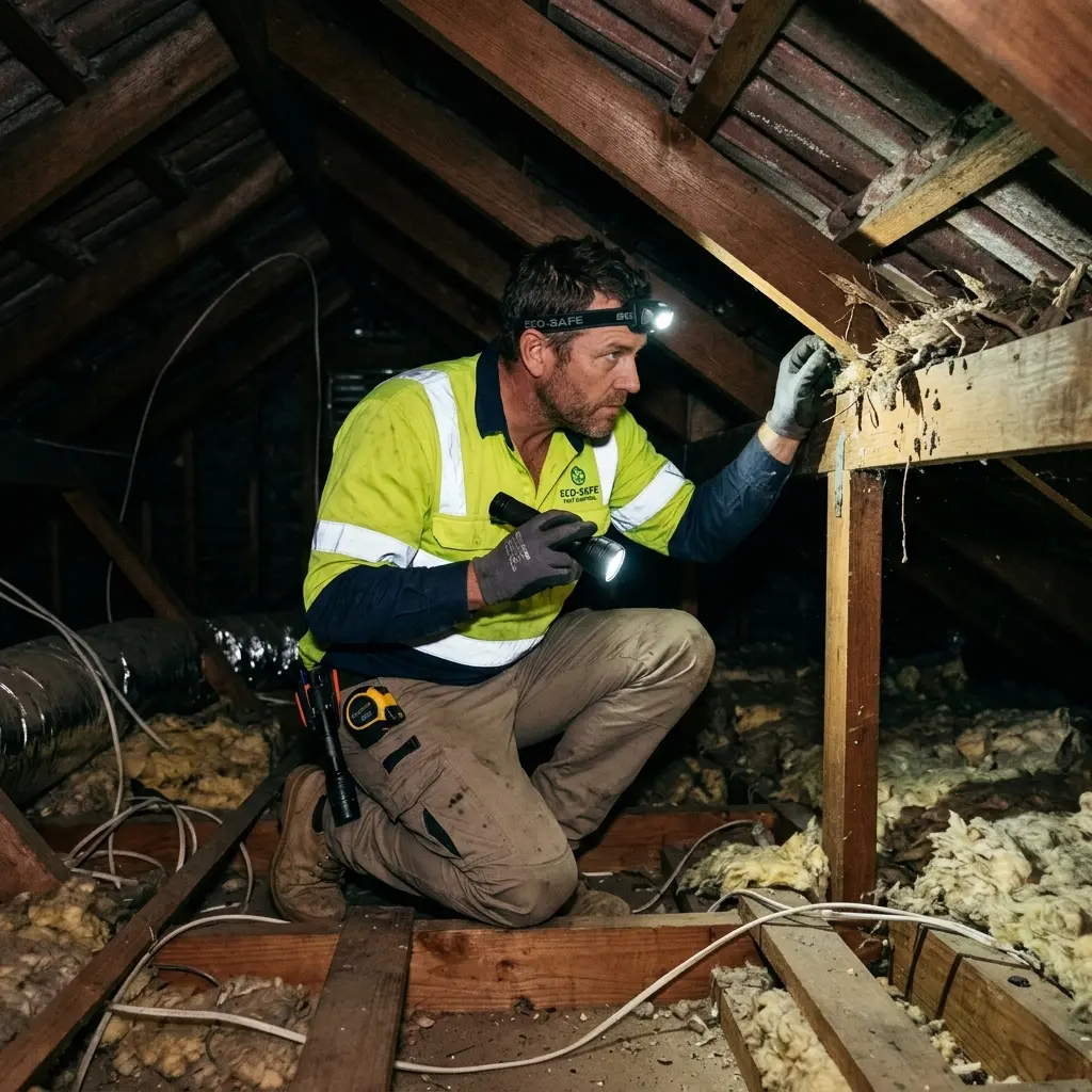 Technician inspecting a roof cavity for a dead animal in Merrimu