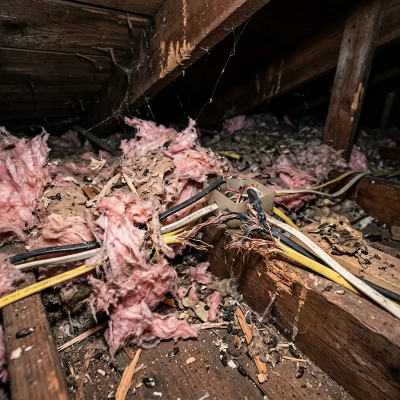 Contaminated ceiling insulation being assessed in a Merrimu roof space