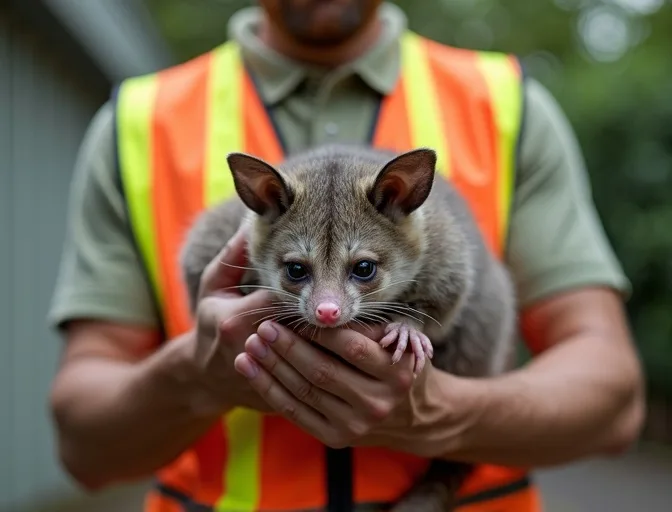 Animal handler safely recovering a deceased possum in Merrimu